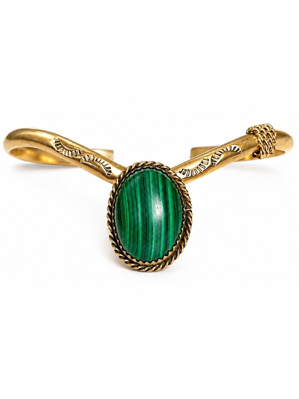 Vintage Navajo Malachite Brass Cuff Bracelet Southwestern Native Western Boho